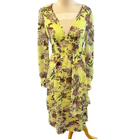 NWOT FOURTEENTH PLACE Ella Long Sleeve Chiffon Tiered Maxi Dress in Yellow Bouqu - Picture 4 of 11